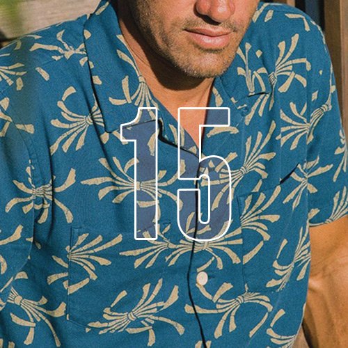 A man in a tropical-themed, button up shirt, with an overlay of the number "15"
