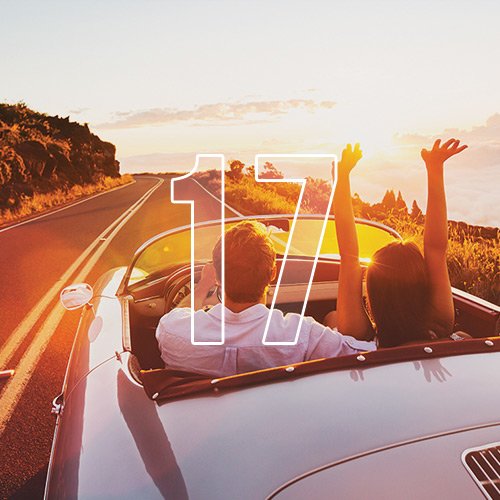 A couple driving down a long road during sunset in a car with the roof down, with an overlay of the number "17"