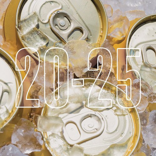A closeup shot of the tops of soda cans with ice scattered on top, with an overlay of the numbers "20-25"