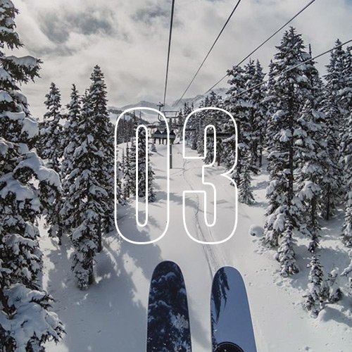 A first-person POV of a skier on a lift going up a snowy mountain with trees on the sides, with an overlay of the number "03"