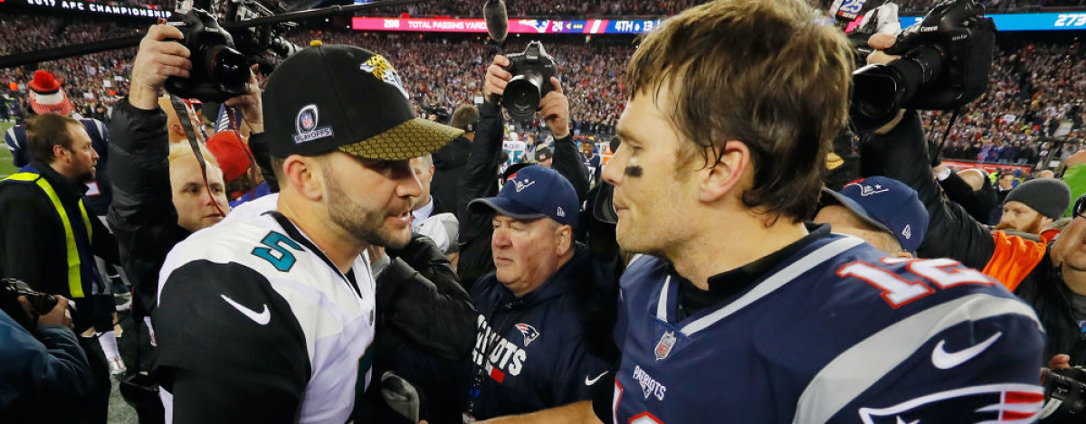 FOXBOROUGH, MA - JANUARY 21: Tom Brady #12 of the New England Patriots shakes hands with Blake Bortles #5 of the Jacksonville Jaguars after the AFC Championship Game at Gillette Stadium on January 21, 2018 in Foxborough, Massachusetts. (Photo by Kevin C. Cox/Getty Images)