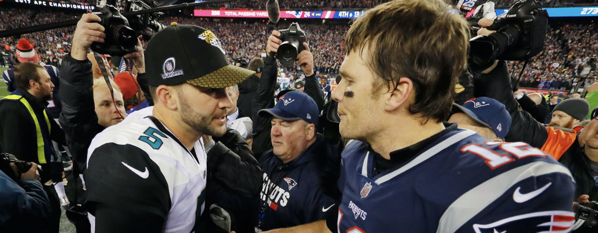 FOXBOROUGH, MA - JANUARY 21: Tom Brady #12 of the New England Patriots shakes hands with Blake Bortles #5 of the Jacksonville Jaguars after the AFC Championship Game at Gillette Stadium on January 21, 2018 in Foxborough, Massachusetts. (Photo by Kevin C. Cox/Getty Images)
