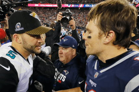 FOXBOROUGH, MA - JANUARY 21: Tom Brady #12 of the New England Patriots shakes hands with Blake Bortles #5 of the Jacksonville Jaguars after the AFC Championship Game at Gillette Stadium on January 21, 2018 in Foxborough, Massachusetts. (Photo by Kevin C. Cox/Getty Images)