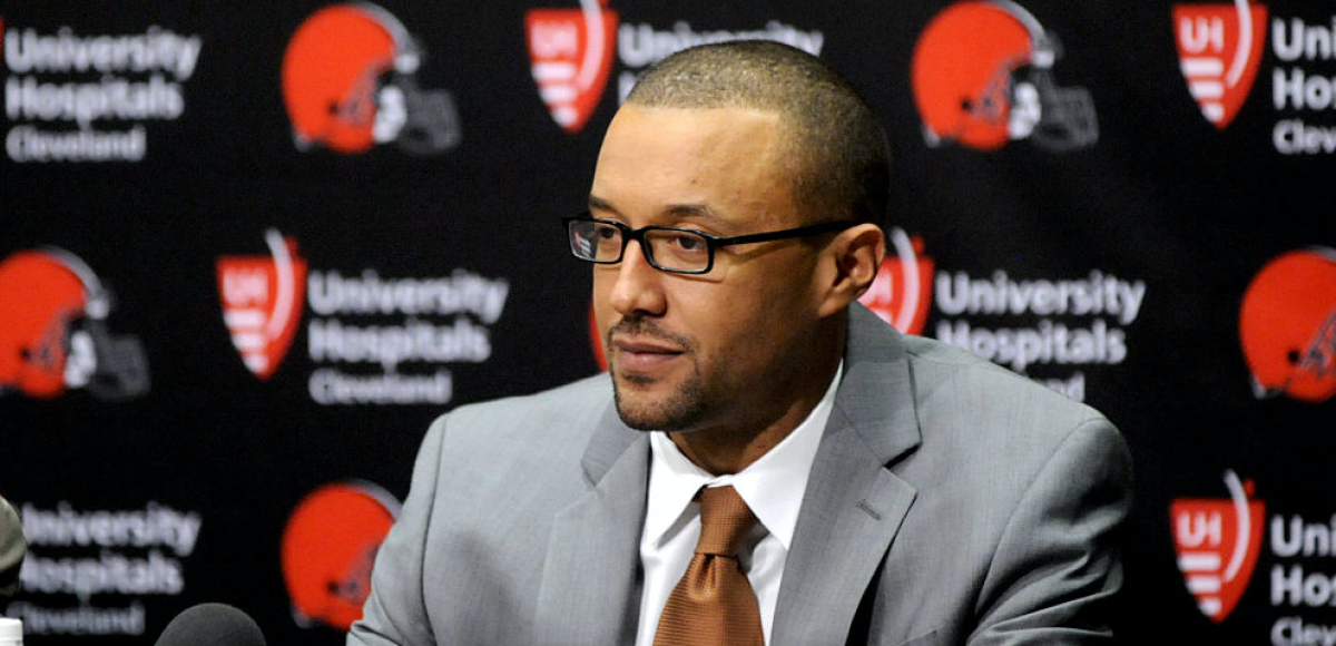 BEREA, OH - JANUARY 13, 2016: Executive vice president of football operations Sashi Brown of the Cleveland Browns listens to questions during an introductory press conference. (Photo by Nick Cammett/Diamond Images/Getty Images)