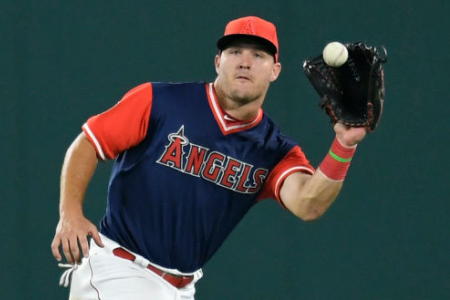 Mike Trout #27 of the Los Angeles Angels of Anaheim  (Photo by John McCoy/Getty Images)