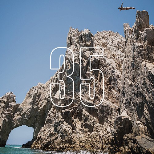 A person cliff diving into the water, with an overlay of the number "35"