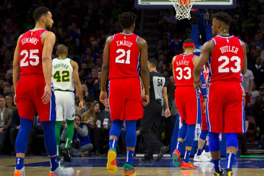 Ben Simmons #25, Tobias Harris #33, Joel Embiid #21, and Jimmy Butler #23 of the 76ers. (Photo by Mitchell Leff/Getty Images)