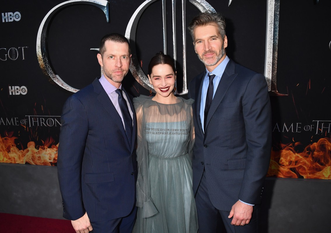 Producers D.B Weiss (l) and David Benioff (r) and Emilia Clarke attend the "Game Of Thrones" Season 8 NY Premiere.
