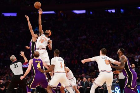 Mitchell Robinson #26 of the New York Knicks grabs a jump ball. (Photo by Sarah Stier/Getty Images)