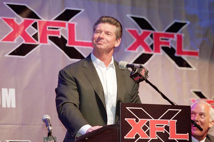 Vince McMahon talks at an XFL press conference. (Tom Hauck /Allsport