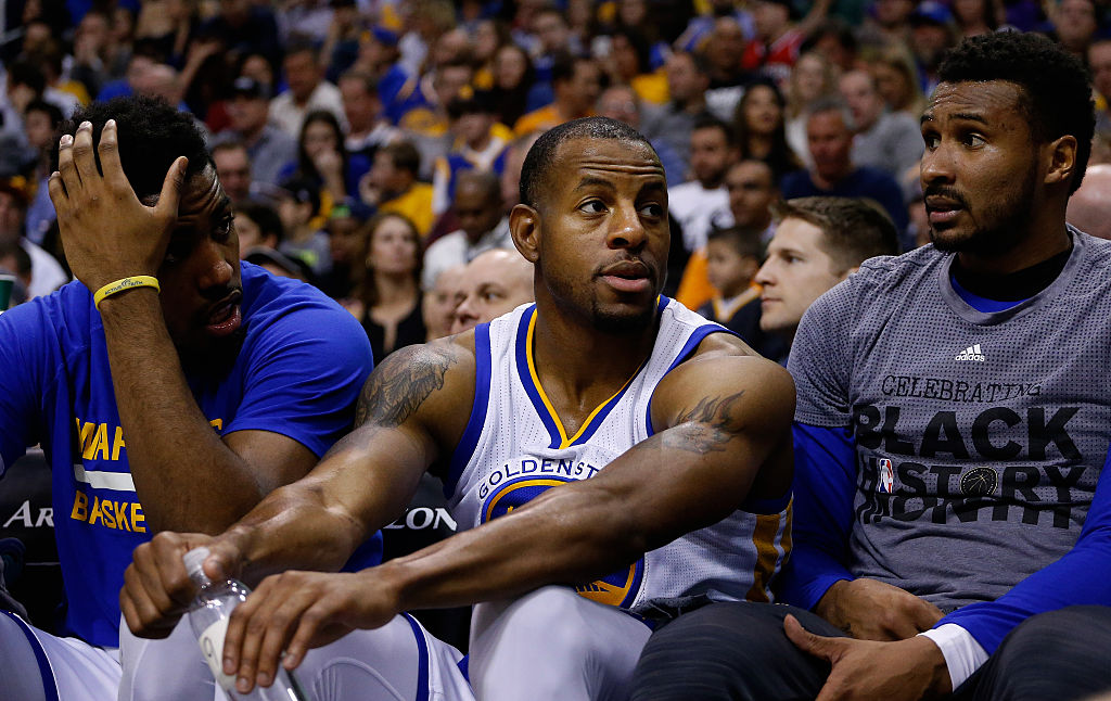 Andre Iguodala (center) of the Golden State Warriors on the bench. (Photo by Christian Petersen/Getty Images)