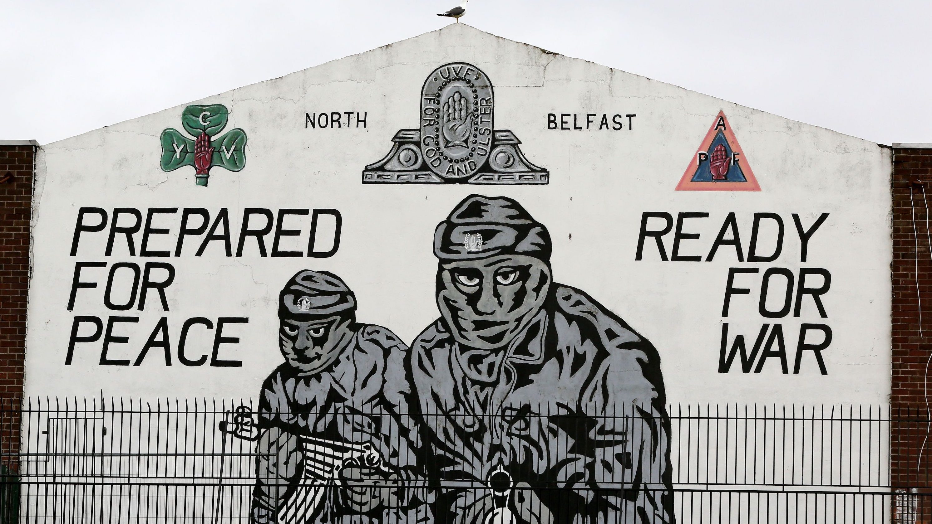 A mural supporting the loyalist Ulster Volunteer Force (UVF) is seen in north Belfast, Northern Ireland, on the 20th anniversary of the Good Friday Agreement on April 10, 2018. (Getty Images/ AFP PHOTO / Paul Faith)     
