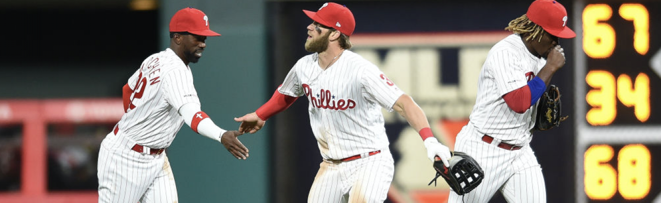 PHILADELPHIA, PA - MARCH 31: Philadelphia Phillies Outfielders Bryce Harper, Andrew McCutchen and Odubel Herrera. (Photo by Andy Lewis/Icon Sportswire via Getty Images)