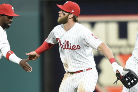 PHILADELPHIA, PA - MARCH 31: Philadelphia Phillies Outfielders Bryce Harper, Andrew McCutchen and Odubel Herrera. (Photo by Andy Lewis/Icon Sportswire via Getty Images)
