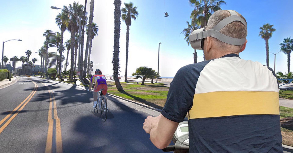 Virtual reality bike on beach road