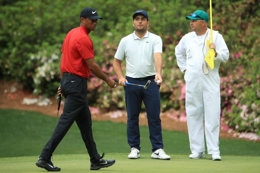 Tiger Woods,  Francesco Molinari and caddie Pello Iguaran. (Andrew Redington/Getty)
