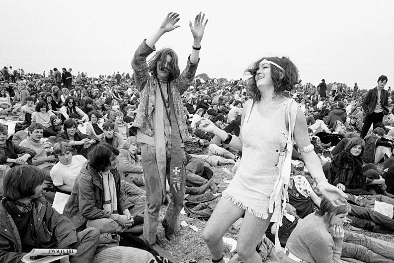 Hippies dancing at The Isle of Wight Festival in 1969. 