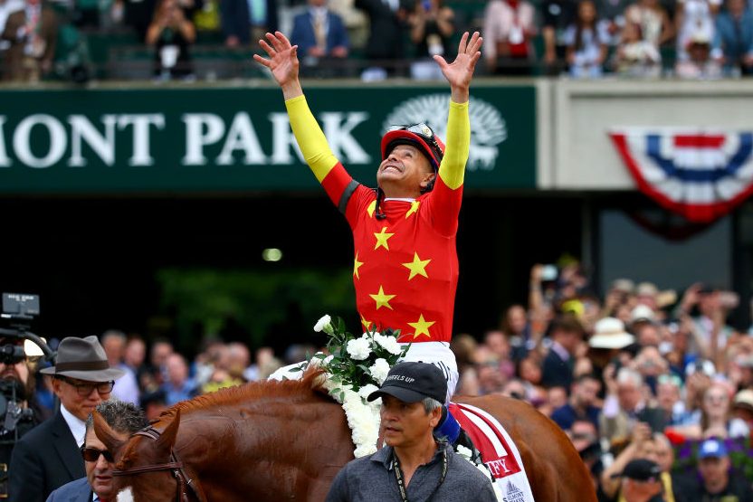 Mike Smith atop Justify at the Belmont Stakes. (Mike Stobe/Getty)