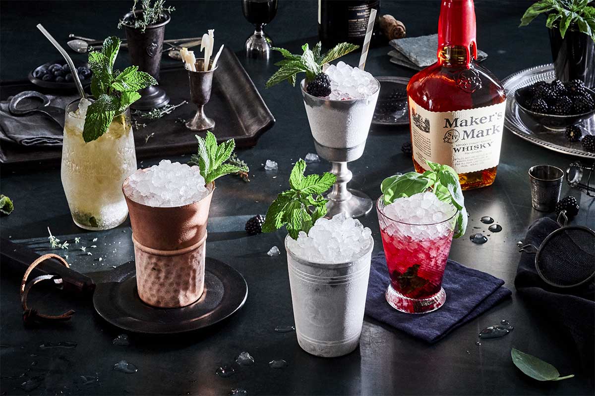 a number of different mint juleps created with Maker's Mark