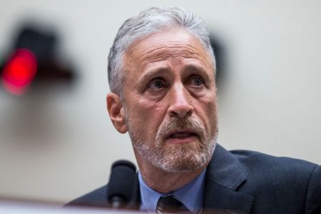 Jon Stewart testifies during a House Judiciary Committee. Zach Gibson/Getty)