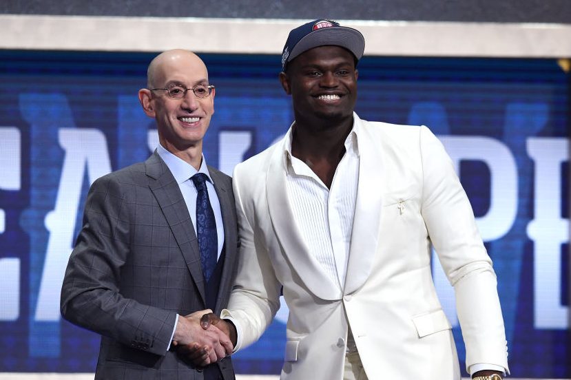 Zion Williamson poses with NBA Commissioner Adam Silver. (Sarah Stier/Getty)