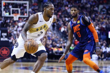Kawhi Leonard #2 and Paul George. (Vaughn Ridley/Getty)