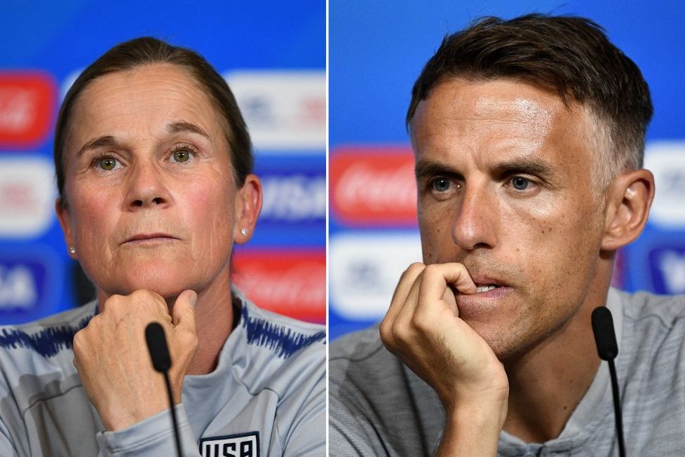 United States' head coach Jill Ellis (L) and England's head coach Phil Neville. (Franck FIFE/ AFP/Getty)