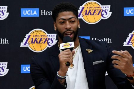 Anthony Davis at a news conference. (Kevork Djansezian/Getty)