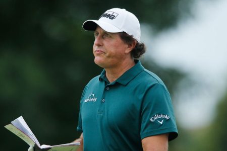 BLAINE, MINNESOTA - JULY 05:  Phil Mickelson of the United States looks on during the second round of the 3M Open at TPC Twin Cities on July 05, 2019 in Blaine, Minnesota. (Photo by Michael Reaves/Getty Images)