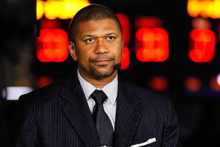 ESPN analyst Jalen Rose before a NCAA game in 2013. (Michael Hickey/Getty)