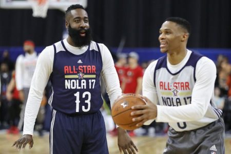 James Harden talks with Russell Westbrook at practice for the 2017 NBA All-Star Game. (Ronald Martinez/Getty Images)