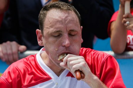 Joey Chestnut at the Nathan's Hot Dog Eating Contest on July 4, 2018. (Eduardo Munoz Alvarez/Getty)