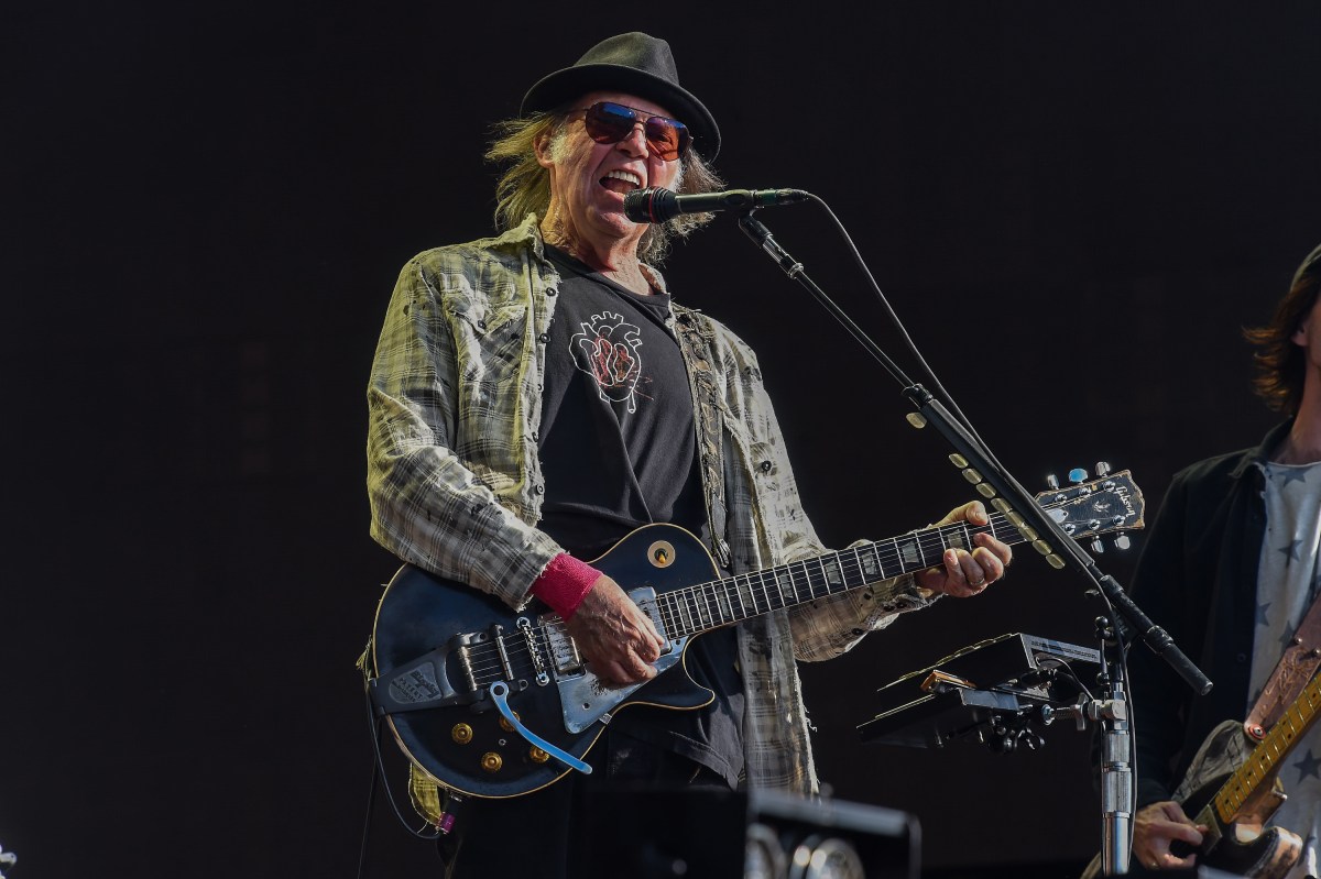 Neil Young performs as part of a historic double bill with Neil Young & Bob Dylan at Hyde Park on July 12, 2019 in London, England. (Photo by Brian Rasic/WireImage)