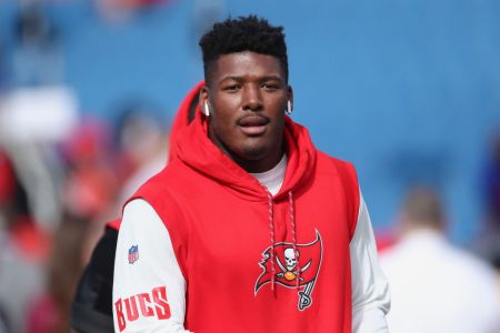 BUFFALO, NY - OCTOBER 22: Ryan Russell #95 of the Tampa Bay Buccaneers warms up before the start of NFL game action against the Buffalo Bills at New Era Field on October 22, 2017 in Buffalo, New York. (Photo by Tom Szczerbowski/Getty Images)