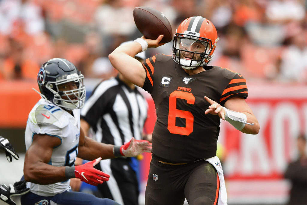 CLEVELAND, OH - SEPTEMBER 08:  Quarterback Baker Mayfield #6 of the Cleveland Browns throws in the fourth quarter against the Tennessee Titans at FirstEnergy Stadium on September 08, 2019 in Cleveland, Ohio. Tennessee defeated Cleveland 43-13.  (Photo by Jamie Sabau/Getty Images)