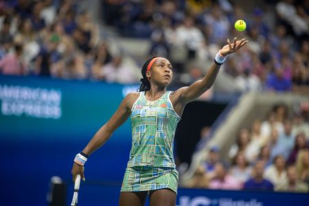2019 US Open Tennis Tournament- Day Six.  Coco Gauff of the United States in action against Naomi Osaka of Japan  in the Women's Singles Round three match on Arthur Ashe Stadium during the 2019 US Open Tennis Tournament at the USTA Billie Jean King National Tennis Center on August 31st, 2019 in Flushing, Queens, New York City.  (Photo by Tim Clayton/Corbis via Getty Images)