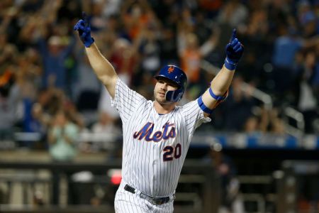 Pete Alonso of the New York Mets celebrates his third inning home run against the Atlanta Braves as he runs the bases at Citi Field on September 28, 2019 in New York City. The home run was Alonso's 53rd of the season setting a new rookie record.
 (Photo by Jim McIsaac/Getty Images)