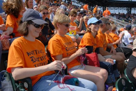 Women knitting during the Stitch N' Pitch event sponsored by The National Needlearts Association (TNNA) during the game between the Detroit Tigers and the Seattle Mariners at Comerica Park in Detroit, Michigan on September 9, 2007. The Mariners defeated the Tigers 14-7. (Photo by Mark Cunningham/MLB Photos via Getty Images)