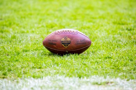 A ball ends up in the end zone during an NFL at Wembley Stadium.  (Martin Leitch/Icon Sportswire via Getty)