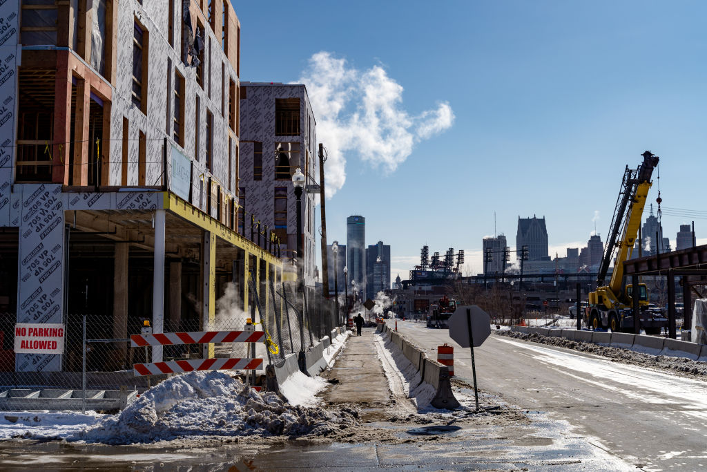 Construction of Bedrock Detroit's City Modern housing development in the Brush Park neighborhood adjacent to Downtown.  (Photo by Nick Hagen for The Washington Post via Getty Images)