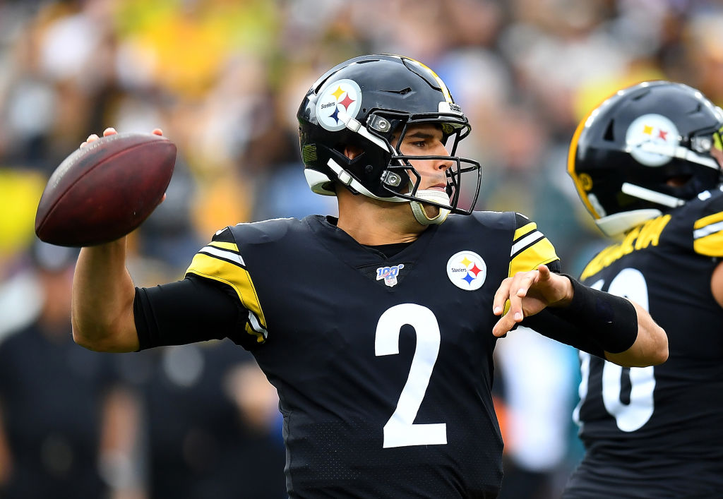 Mason Rudolph of the Pittsburgh Steelers looks to pass during the first quarter against the Baltimore Ravens at Heinz Field on October 6, 2019 in Pittsburgh, Pennsylvania. (Photo by Joe Sargent/Getty Images)