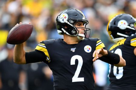 Mason Rudolph of the Pittsburgh Steelers looks to pass during the first quarter against the Baltimore Ravens at Heinz Field on October 6, 2019 in Pittsburgh, Pennsylvania. (Photo by Joe Sargent/Getty Images)