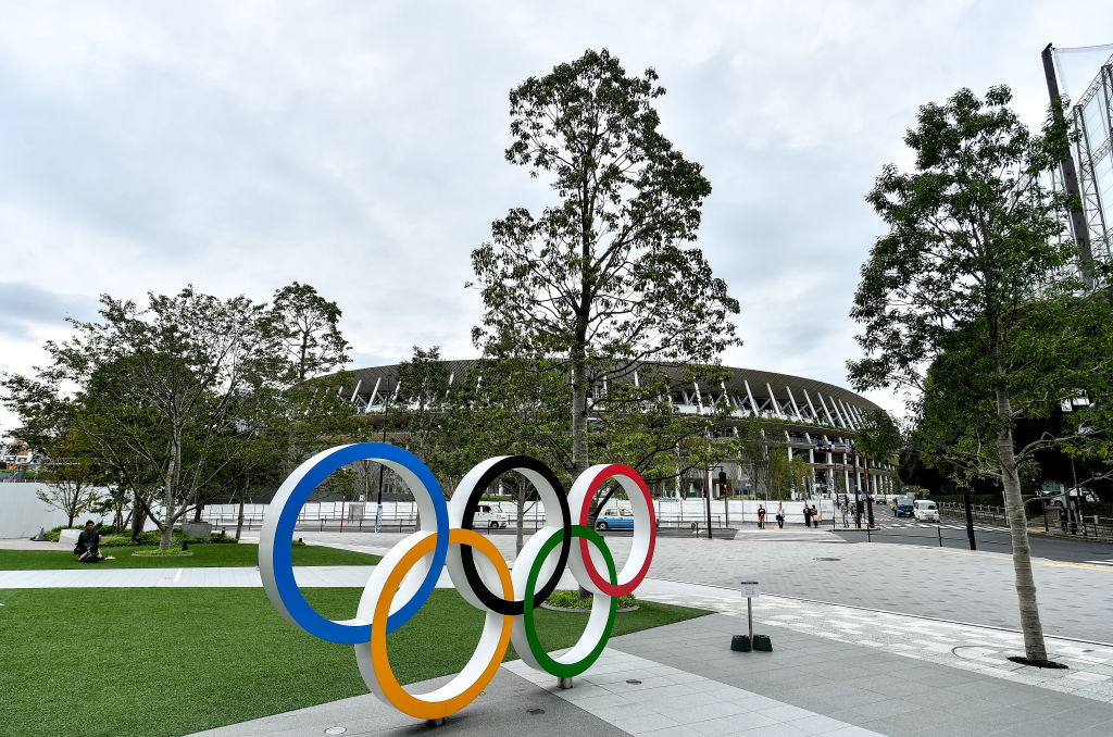 Olympic rings are seen outside the Tokyo Olympic Stadium ahead of the 2020 Tokyo Summer Olympic Games.(Photo By Brendan Moran/Sportsfile via Getty Images)