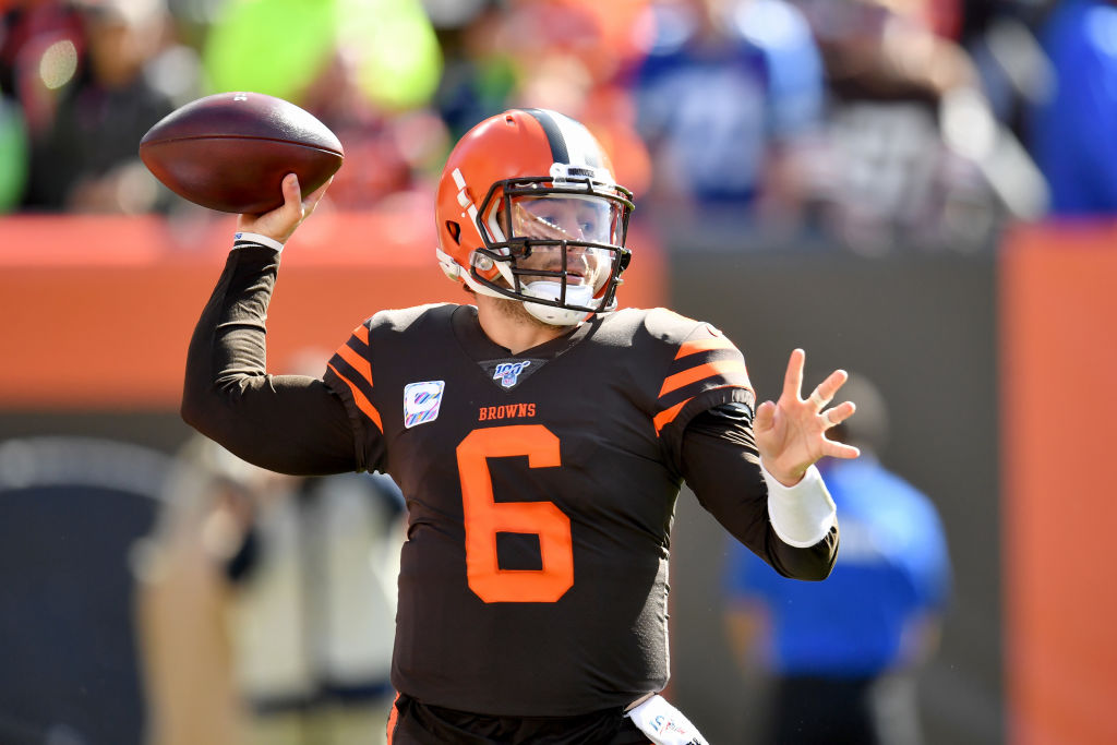 Quarterback Baker Mayfield of the Cleveland Browns passes during the first quarter against the Seattle Seahawks at FirstEnergy Stadium on October 13, 2019 in Cleveland, Ohio. (Photo by Jason Miller/Getty Images)
