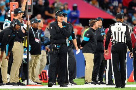 Ron Rivera, head coach of the Carolina Panthers, looks on during the NFL match between the Carolina Panthers and Tampa Bay Buccaneers at Tottenham Hotspur Stadium on October 13, 2019 in London, England. (Photo by Alex Burstow/Getty Images)