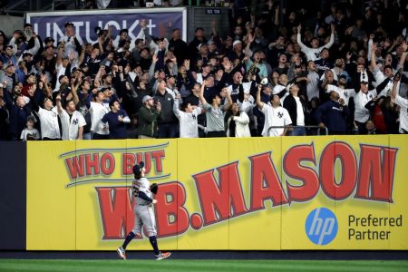Josh Reddick of the Houston Astros watches a home run hit by Gleyber Torres of the New York Yankees (not pictured) during the eighth inning in game three of the American League Championship Series at Yankee Stadium on October 15, 2019 in New York City. (Photo by Elsa/Getty Images)