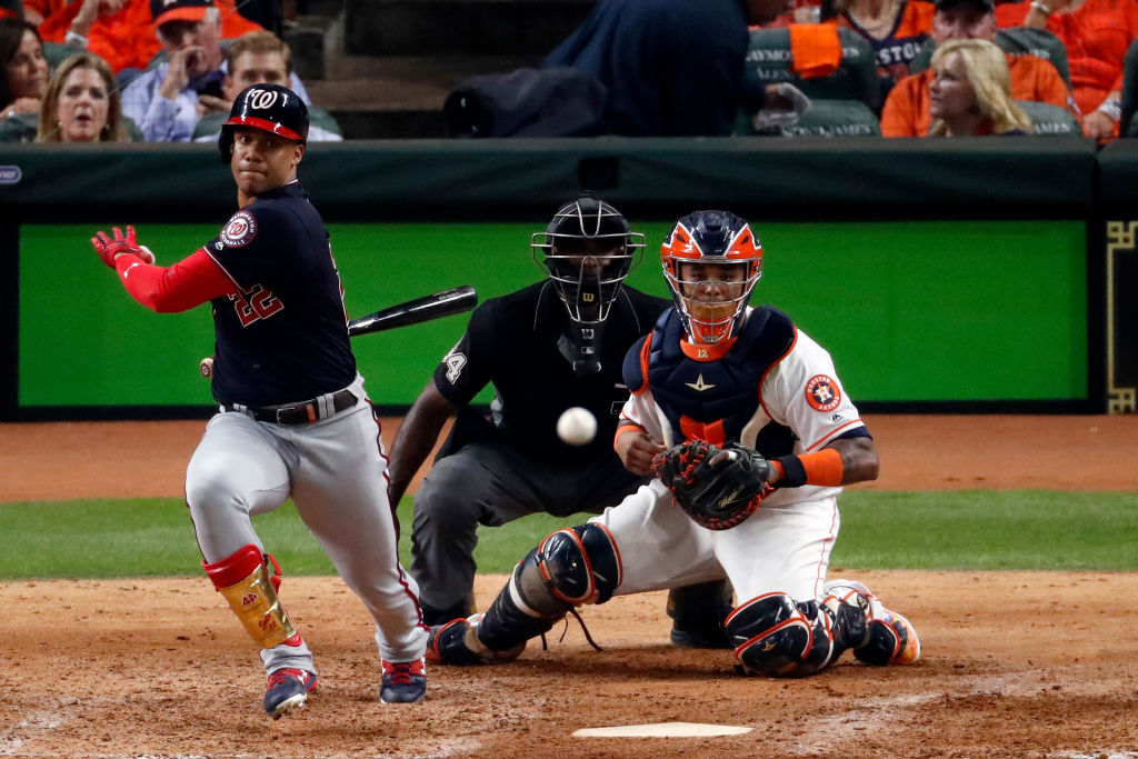 Juan Soto of the Washington Nationals singles against the Houston Astros during the eighth inning in Game One of the 2019 World Series at Minute Maid Park on October 22, 2019 in Houston, Texas. (Photo by Tim Warner/Getty Images)