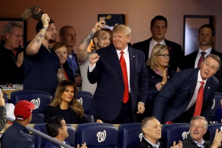 President Donald Trump attends Game Five of the 2019 World Series between the Houston Astros and the Washington Nationals at Nationals Park on October 27, 2019 in Washington, DC. (Photo by Will Newton/Getty Images)