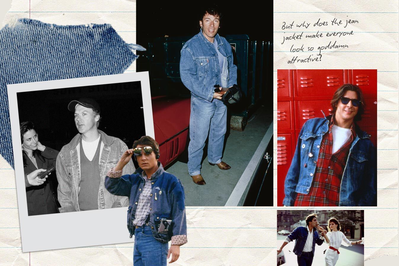 A collage of male celebrities sporting denim jackets.