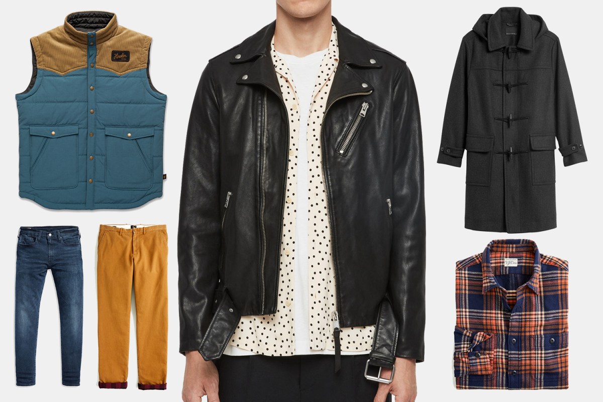 Men's leather jacket, coats, pants and shirts